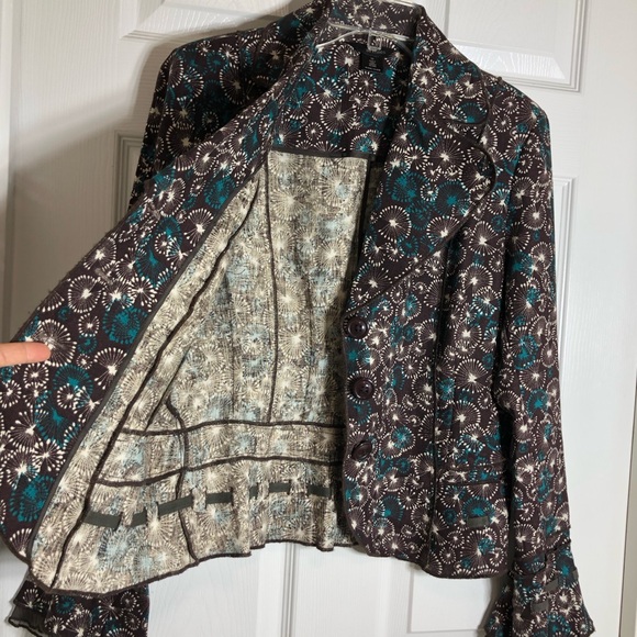 Ali miles Linen Long Sleeve 3 Buttons Brown Teal White Print Jacket 10 - Picture 4 of 15